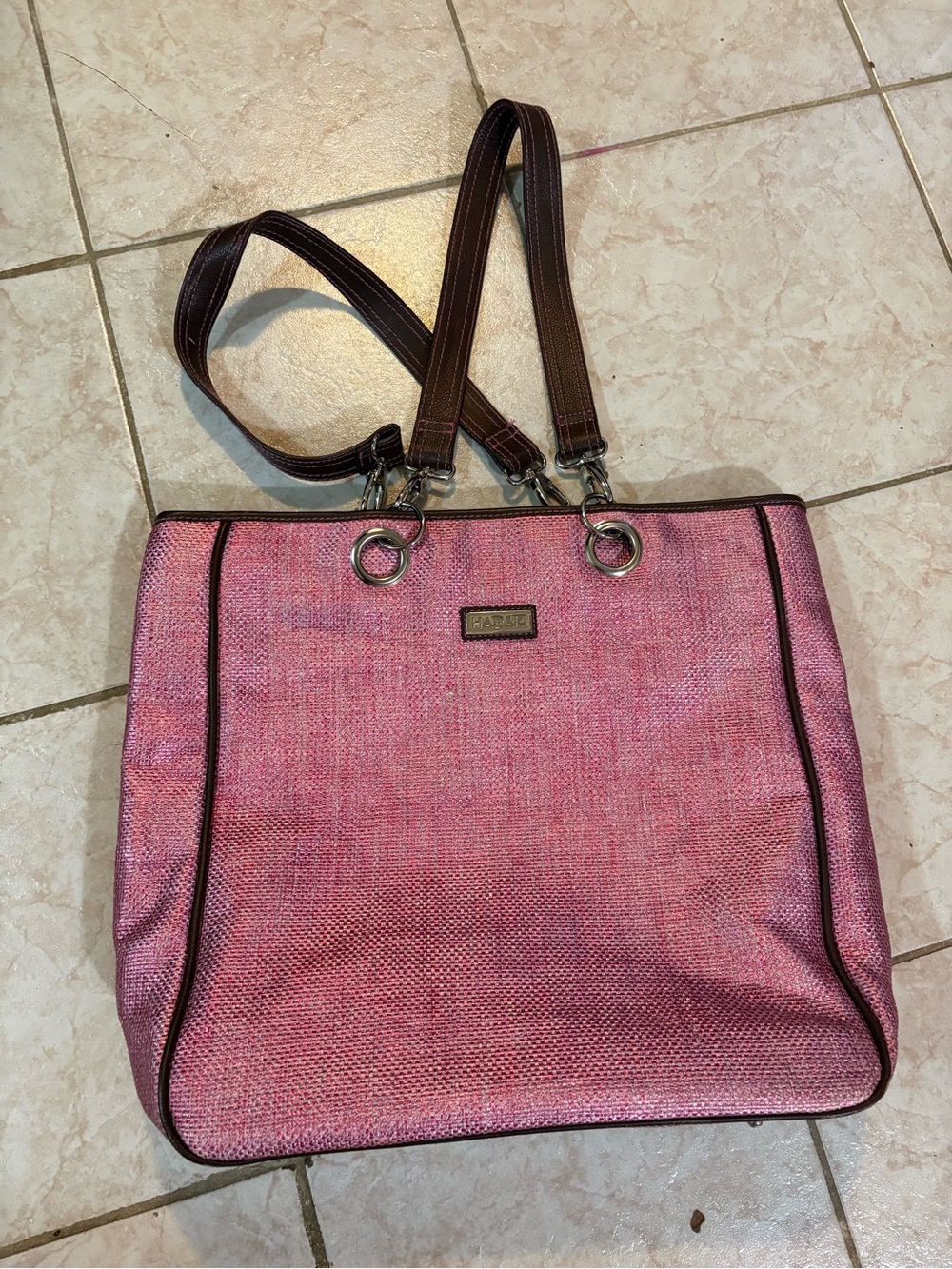 Pink Tote Bag with Brown Straps - Fashion Handbag